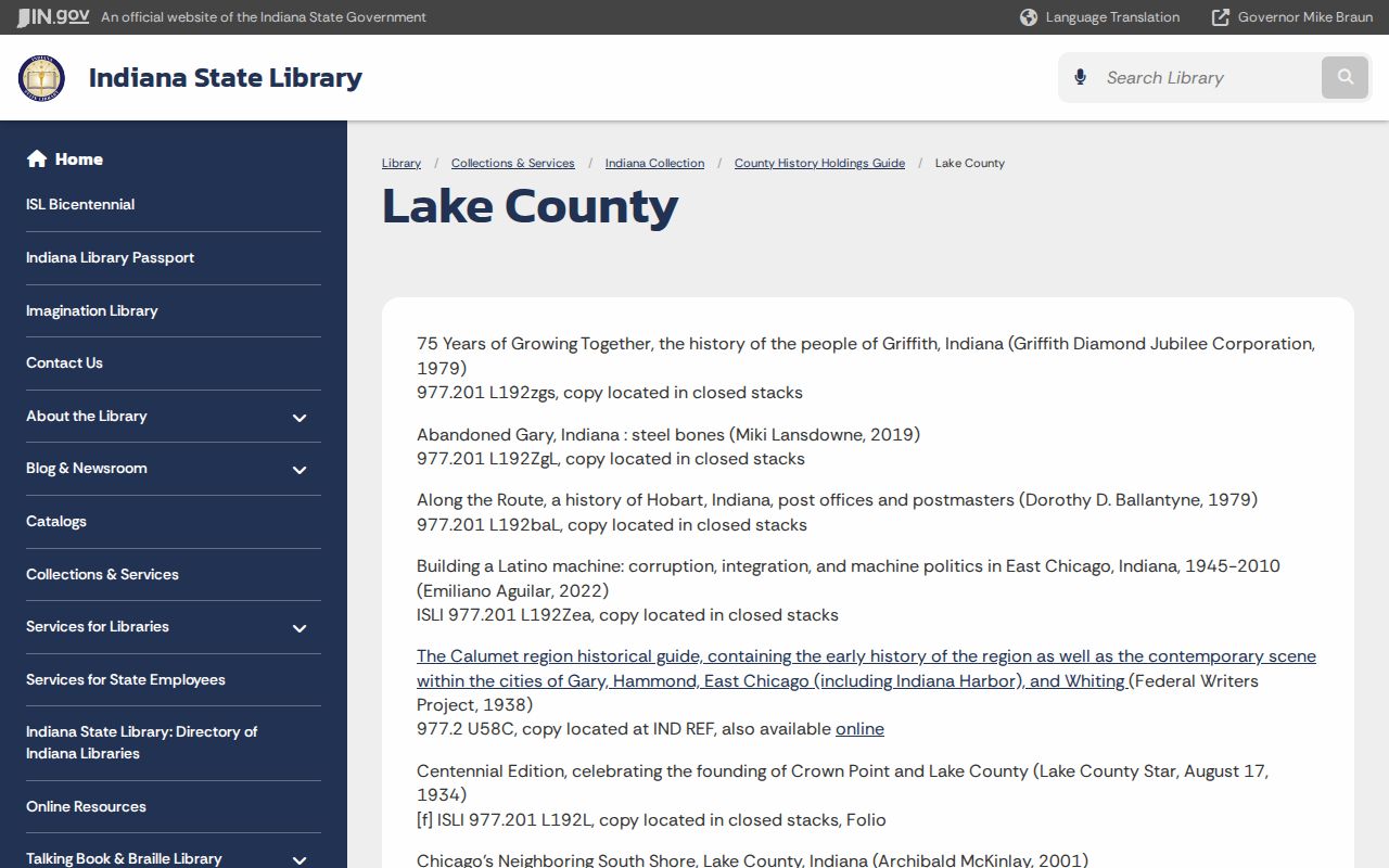 Indiana State Library Lake County holdings guide for St. John city directories